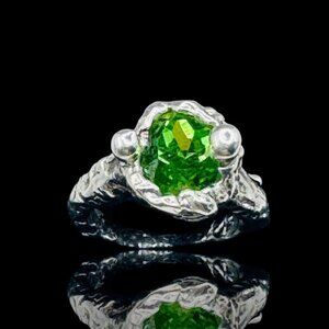 Artisan Crafted Boho Metalwork Silver Ring With 10mm Green Crystal Stone Sz  6.5